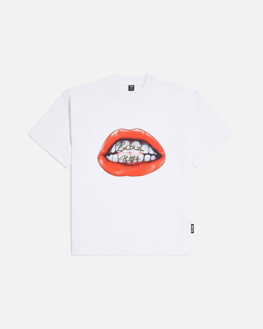 White Patta T-shirt with a large premium photo printed smile artwork