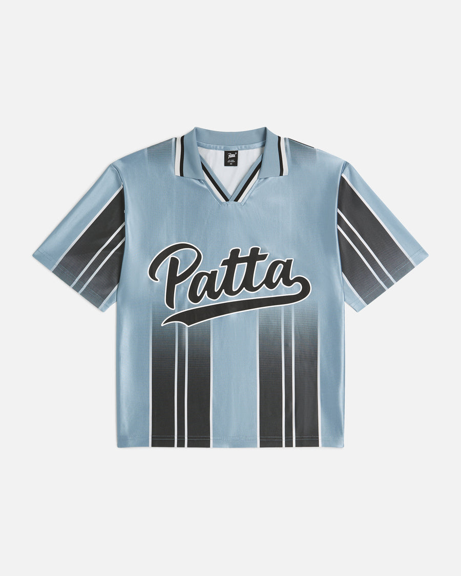 Blue Patta jersey with black and white vertical stripes and large Patta logo