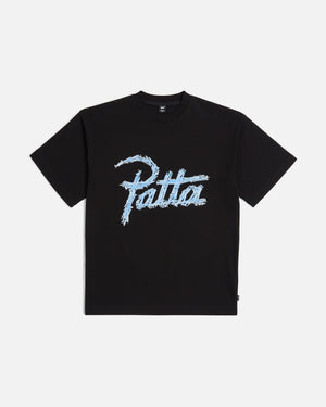 Black  Patta screws T-shirt with a large premium photo printed Patta script logo and screws artwork 