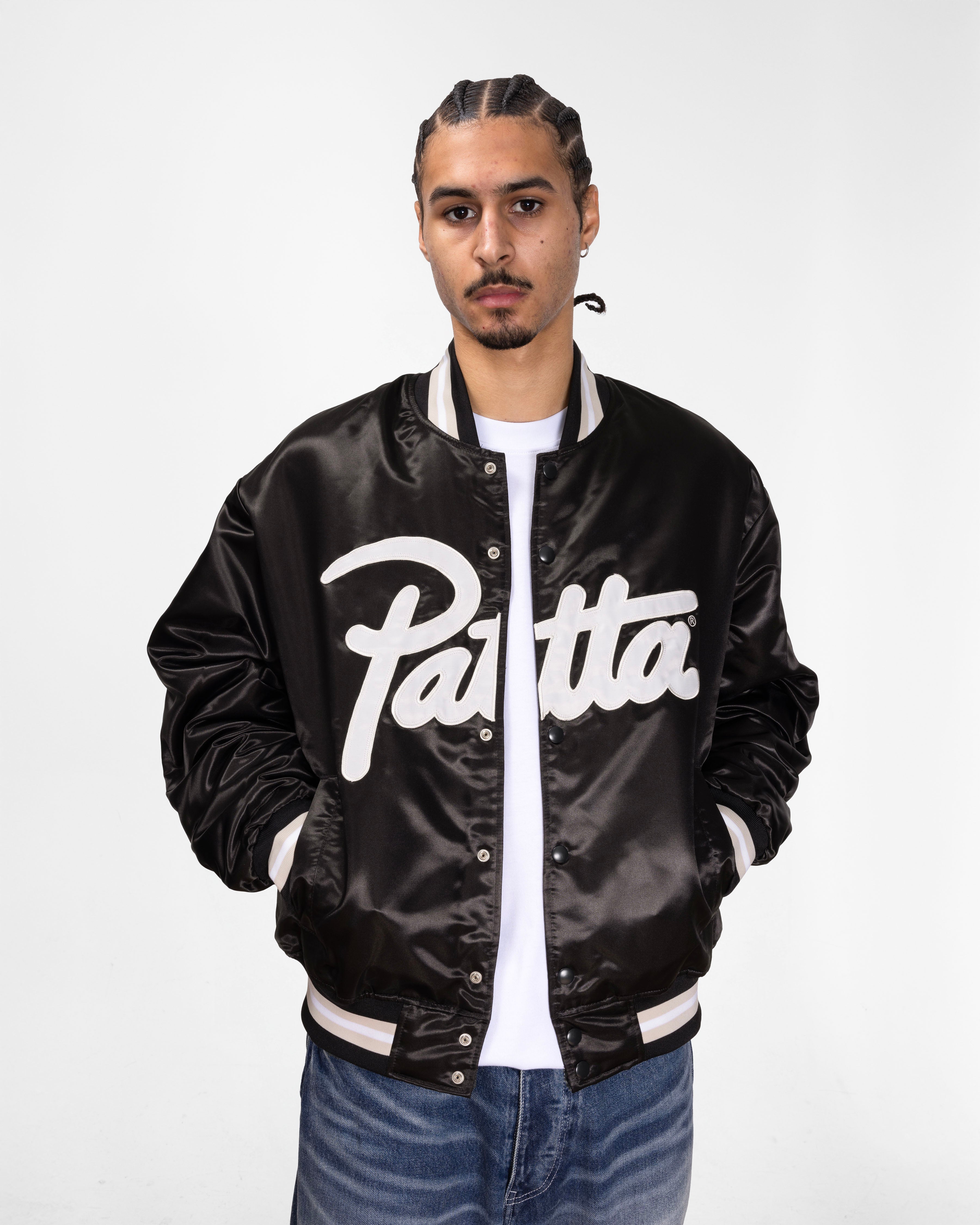 Patta Script Logo Satin Varsity Jacket (Black) – Patta US