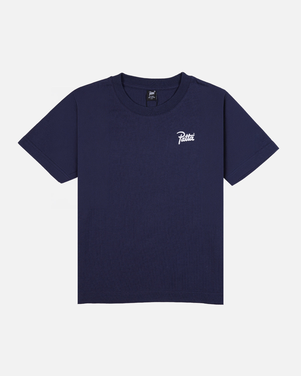 Front view of the Patta Kids Championship T-Shirt in Black Iris navy cotton with a white chest script logo.
